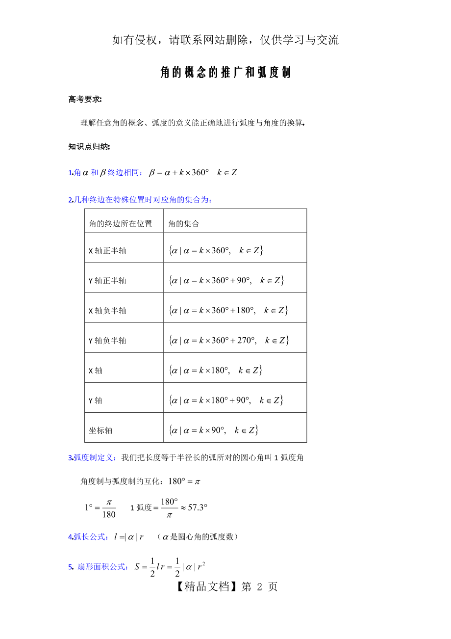 高中数学角概念的推广和弧度制的考点解析和例题辅导.doc_第2页