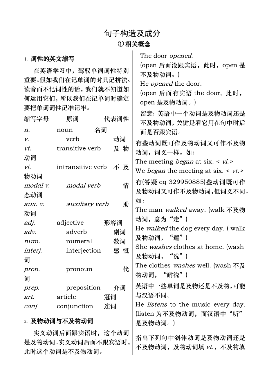 英语句子成分和结构讲解分析划分及练习及答案.docx_第1页