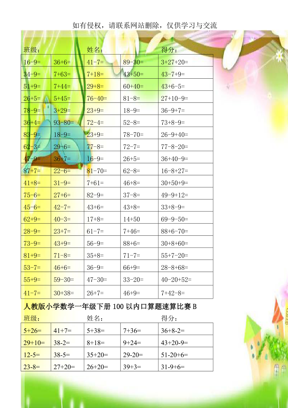 人教版小学数学一年级下册100以内口算题速算比赛A.doc_第1页