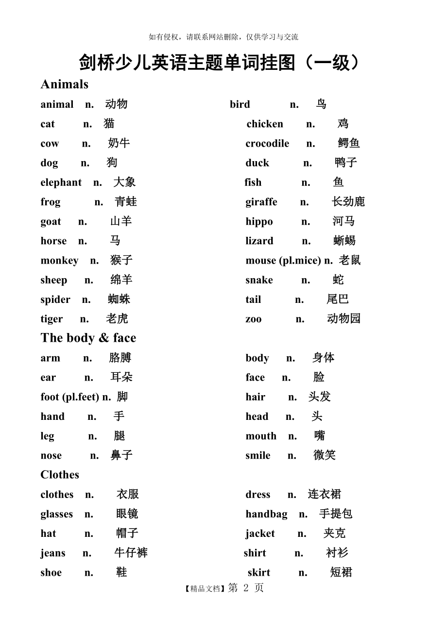 剑桥少儿英语主题单词(一级).doc_第2页