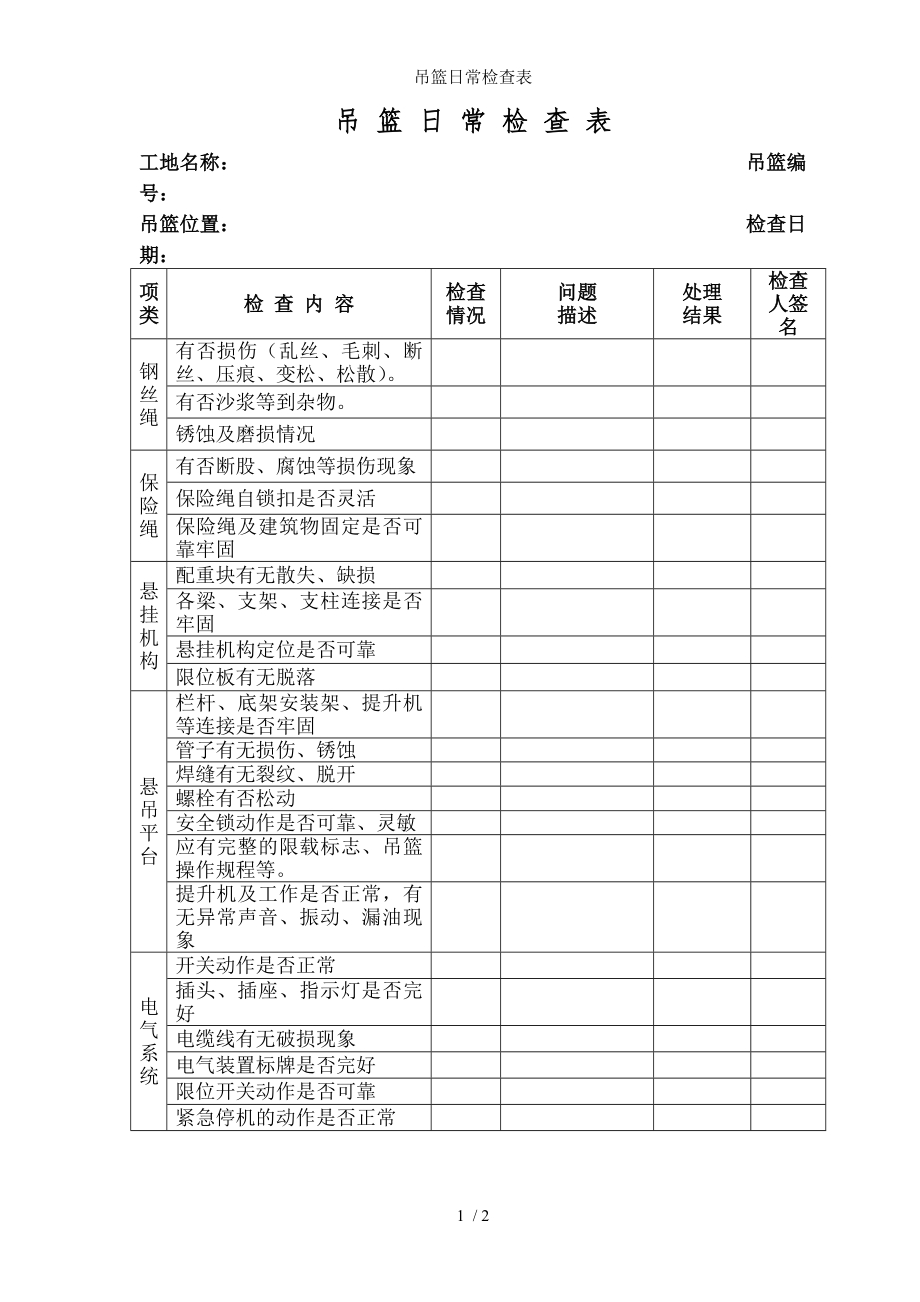 吊篮日常检查表.docx_第1页