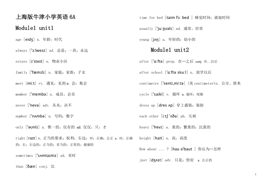 上海版牛津小学英语6A单词汇总.doc_第1页