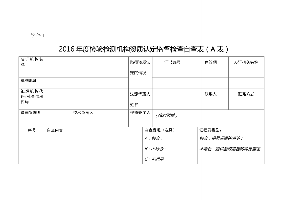 2016年度检验检测机构资质认定监督检查自查表AB.docx_第1页