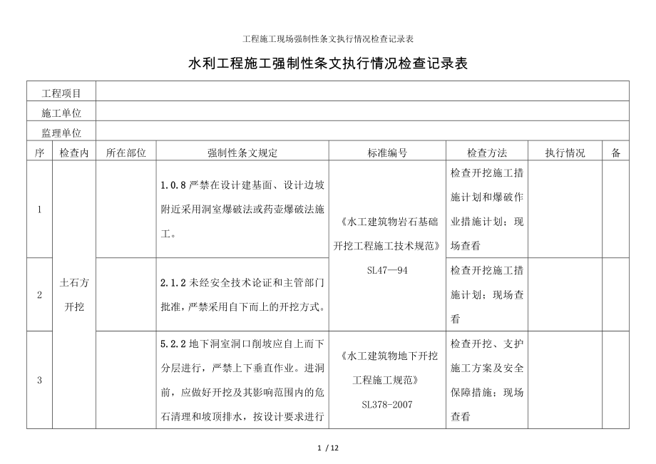 工程施工现场强制性条文执行情况检查记录表.docx_第1页