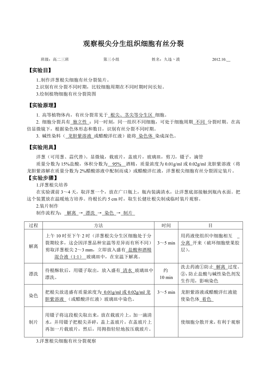 实验报告观察根尖分生组织细胞的有丝分裂.doc_第1页