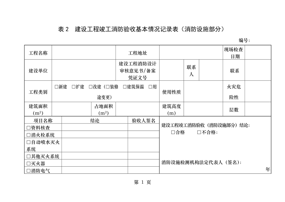 建设工程竣工消防验收基本情况记录表消防设施部分概要.doc_第1页