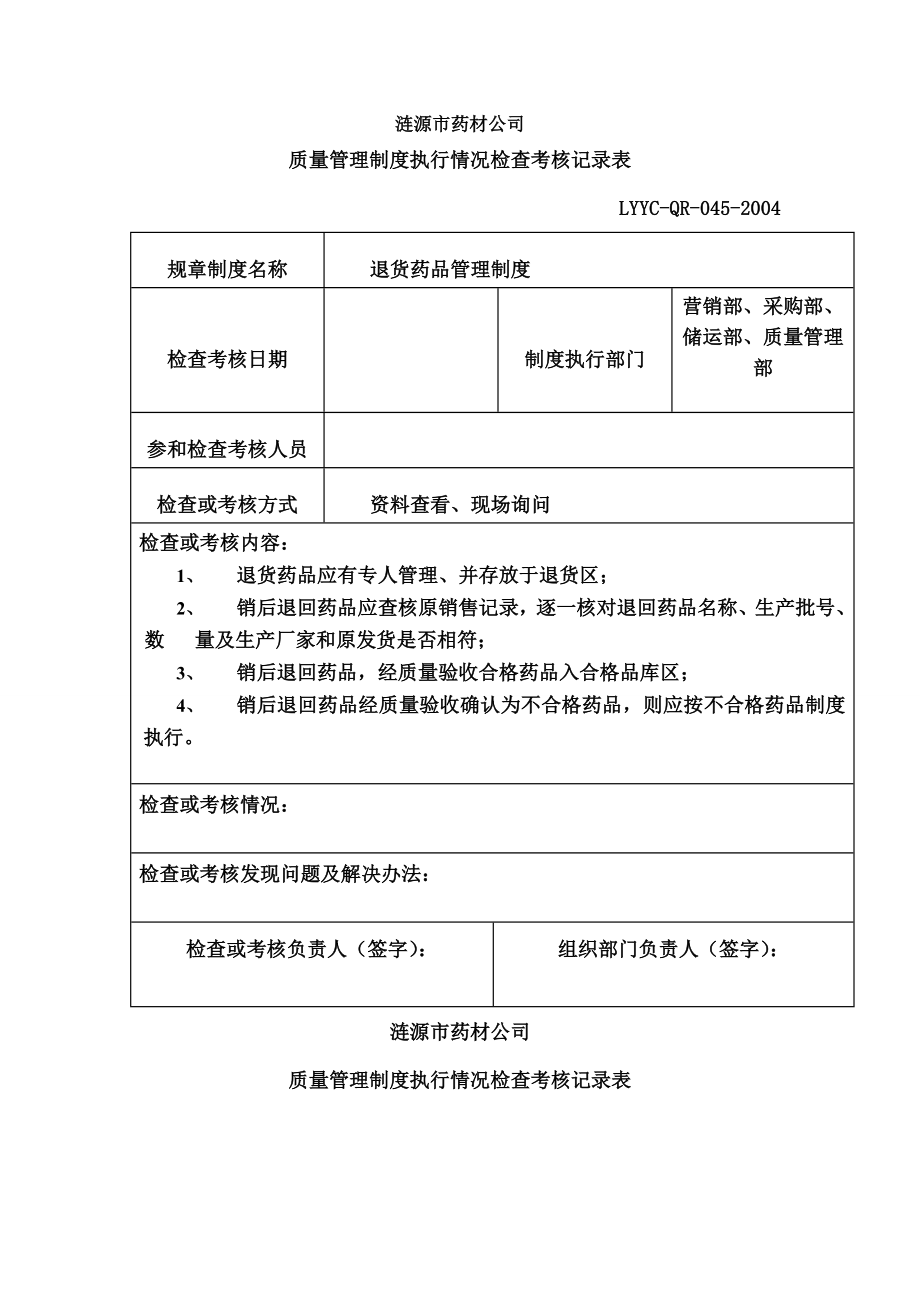 质量管理制度执行情况检查考核记录表.docx_第1页