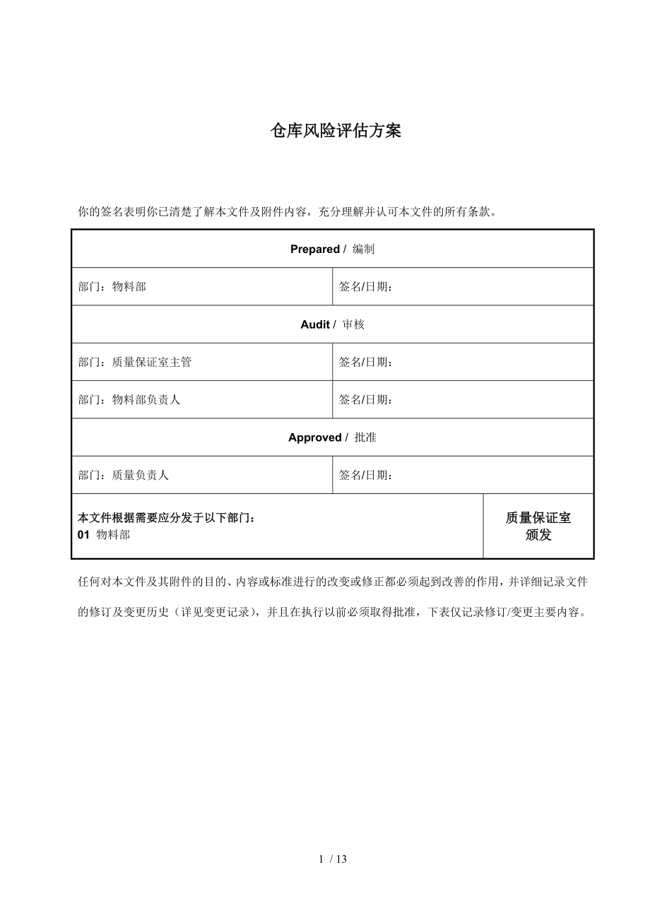 药品生产企业仓库风险评估方案.docx_第1页