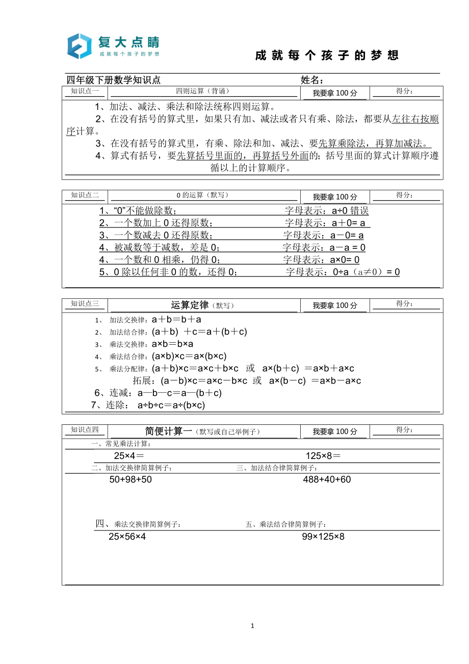 上海四年级第二学期数学知识点总结及5套期末试卷(沪教版).doc_第1页