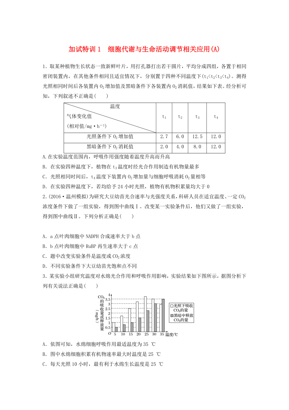 浙江选考高考生物考前特训总复习第二部分加试分特训加试训练细胞代谢与生命活动调节相关应用.docx_第1页