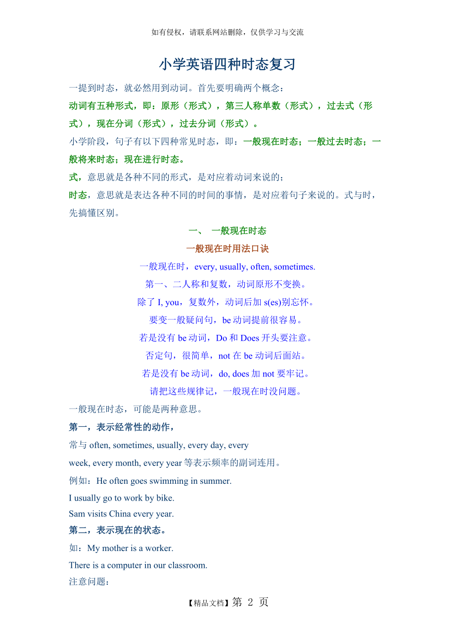 小学六年级英语 四大时态总复习 练习.doc_第2页