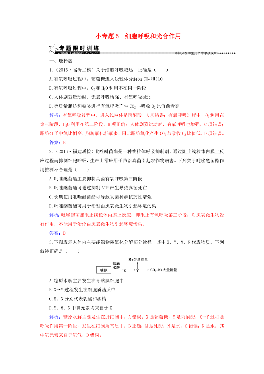 新课标高考生物二轮专题复习第一部分专题二细胞代谢小专题细胞呼吸和光合作用试题.docx_第1页