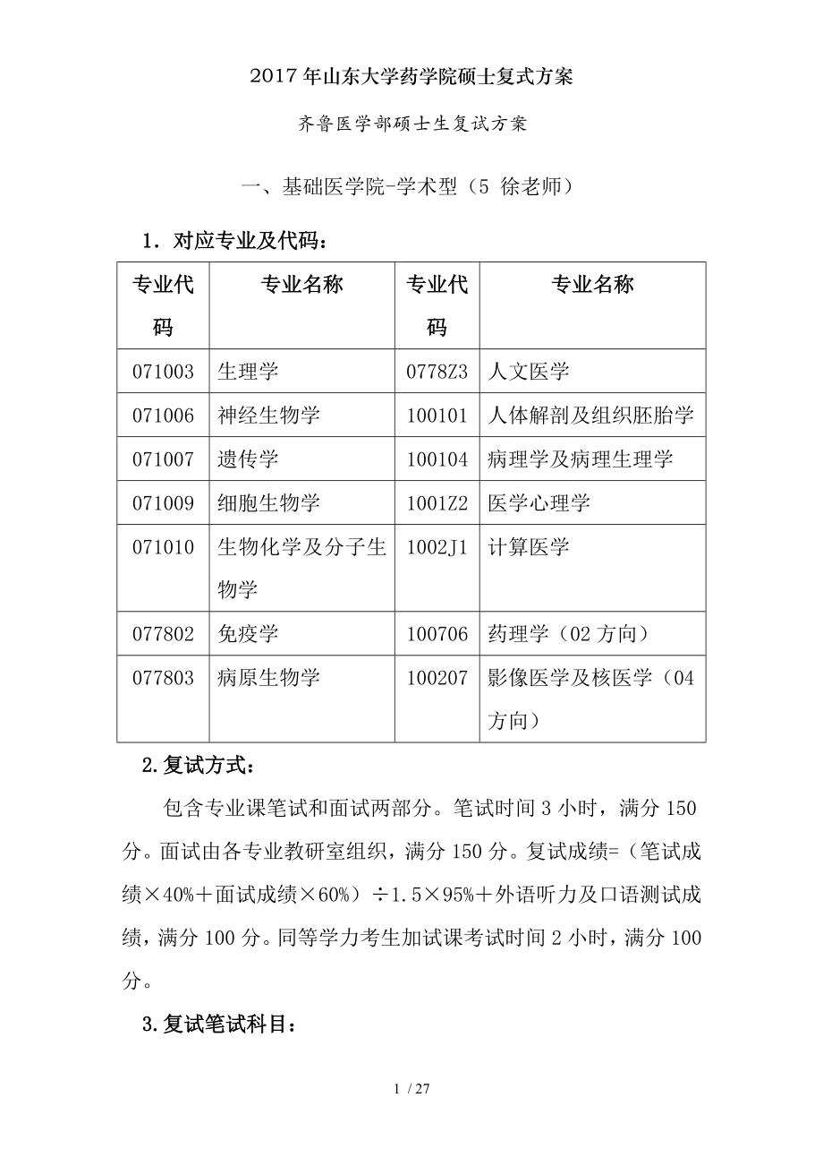 2017年山东大学药学院硕士复式方案.docx_第1页