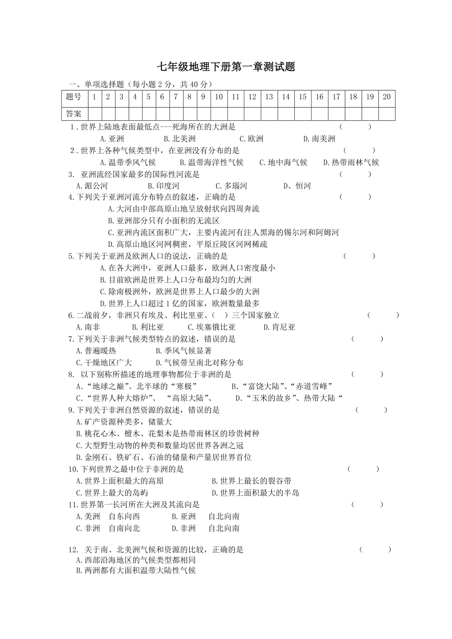 七年级地理下册第一章测试题.doc_第1页