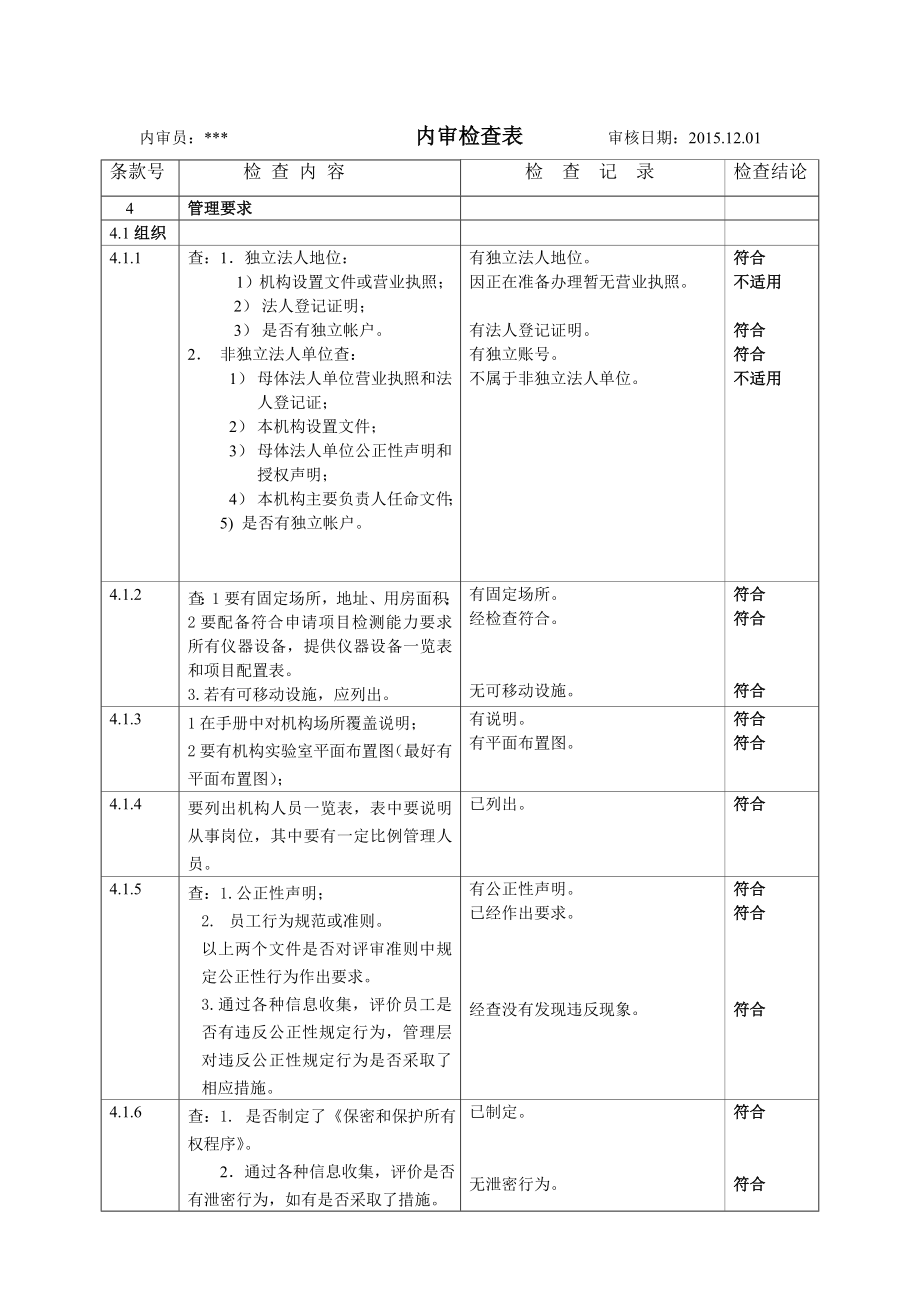 最新实验室资质认定内审检查表.docx_第1页