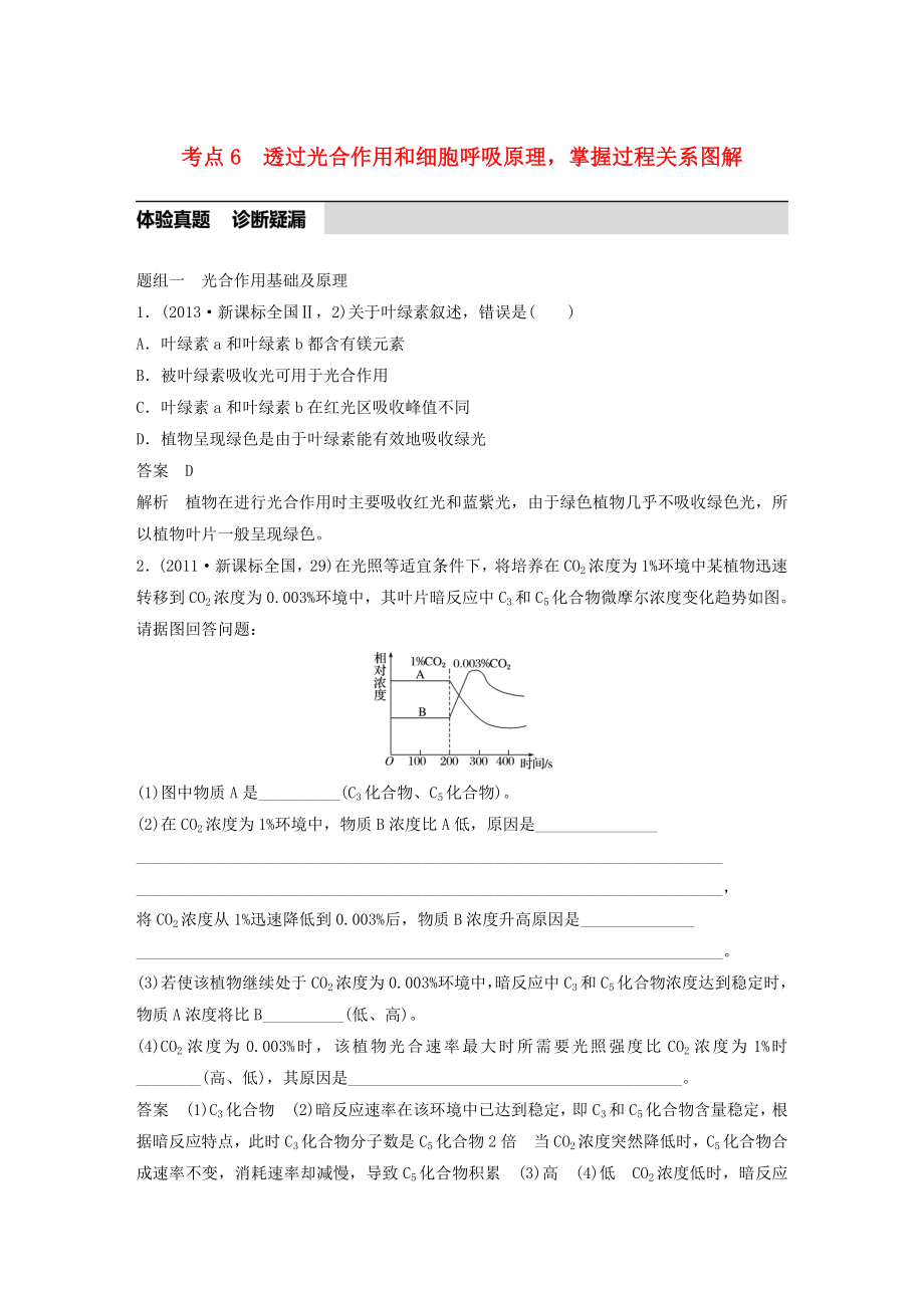 高考生物考前3个月专题复习专题2细胞的代谢考点6透过光合作用和细胞呼吸原理掌握过程关系图解.docx_第1页