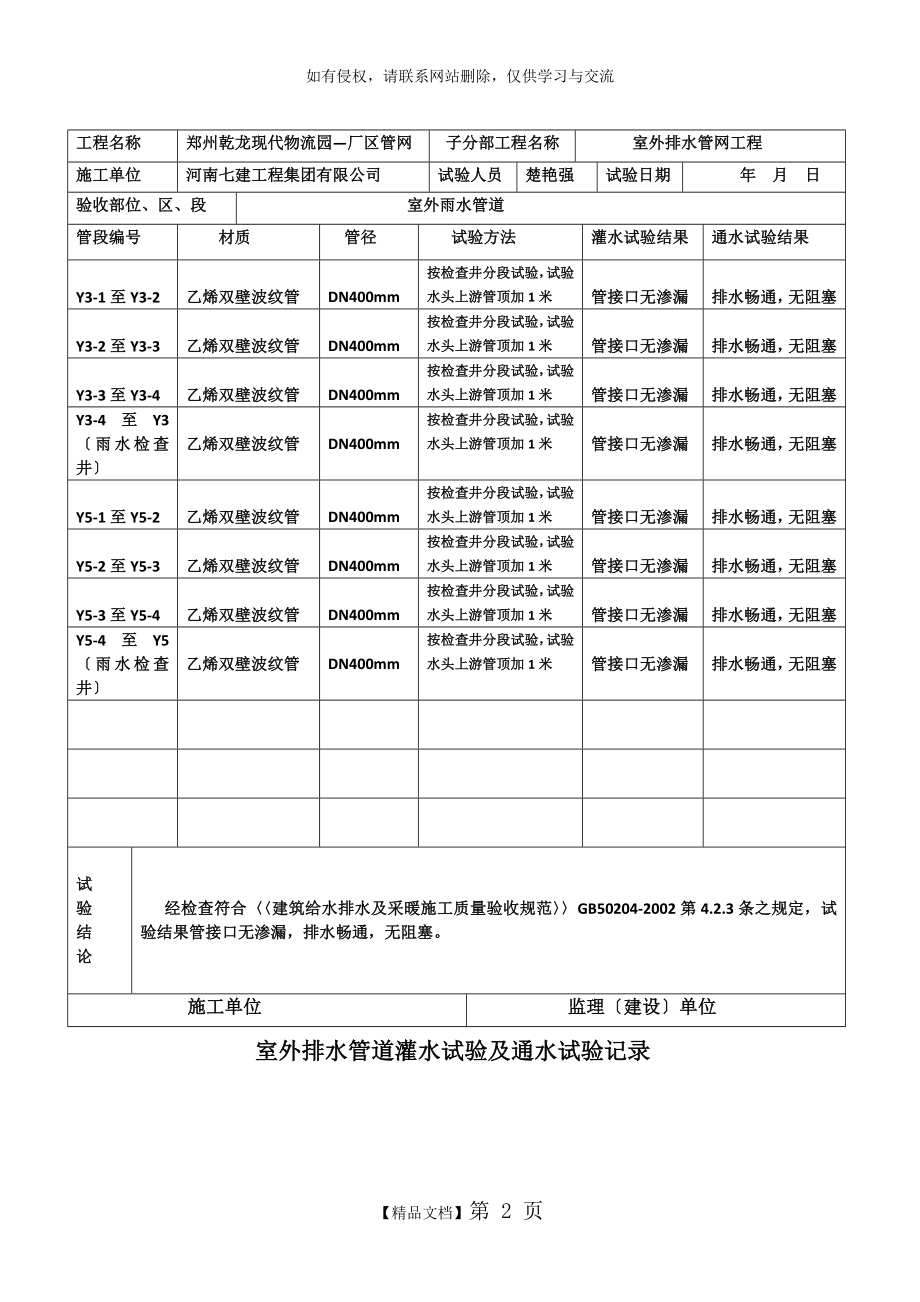 室外排水管道灌水试验及通水试验记录-室外雨水管道.doc_第2页