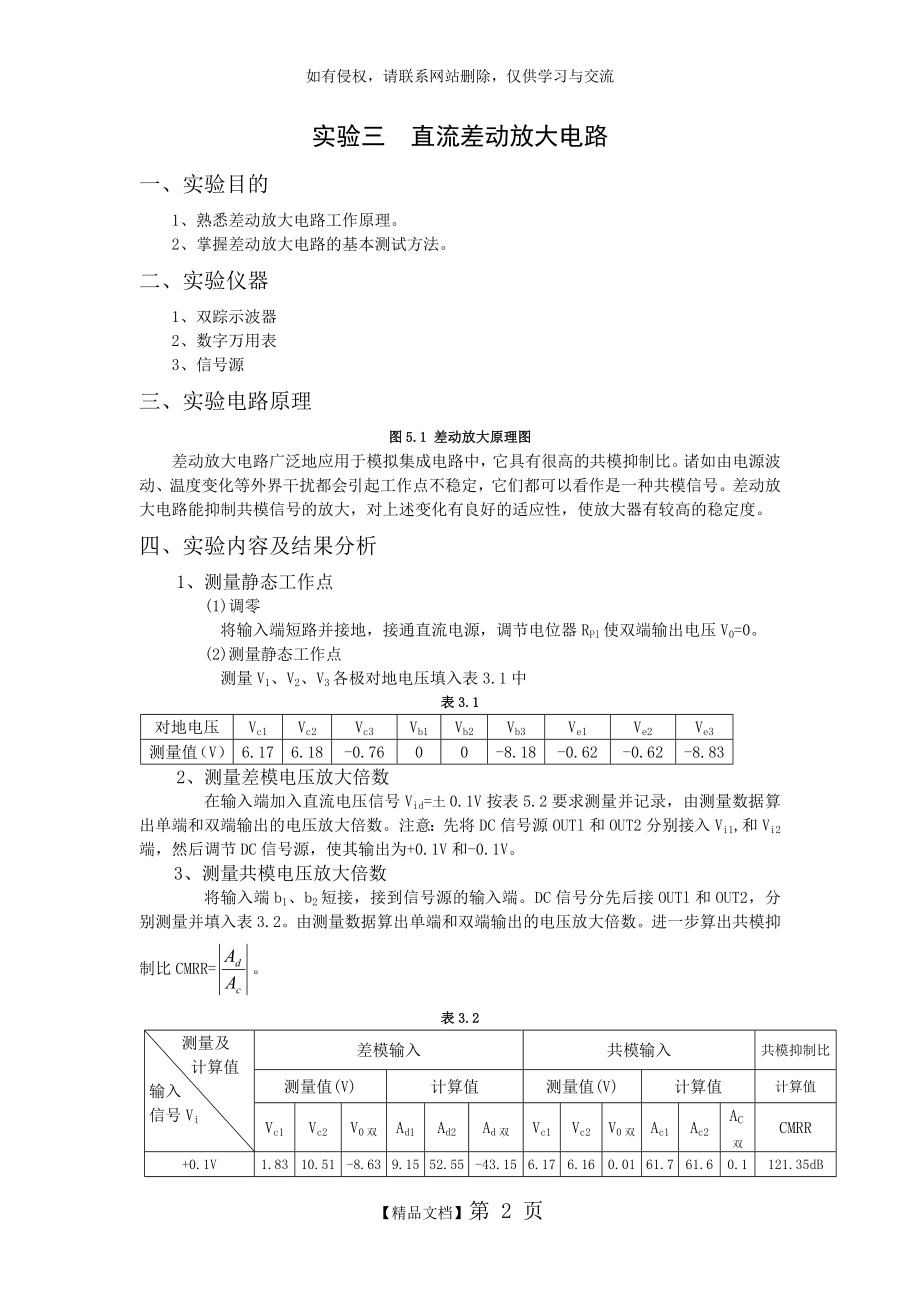 实验三直流差动放大电路(有数据).doc_第2页