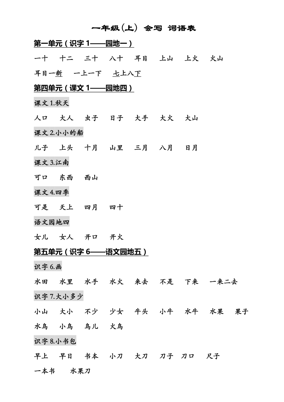 一年级语文上册【词语表】部编人教版+拼音声母韵母介母.doc_第1页