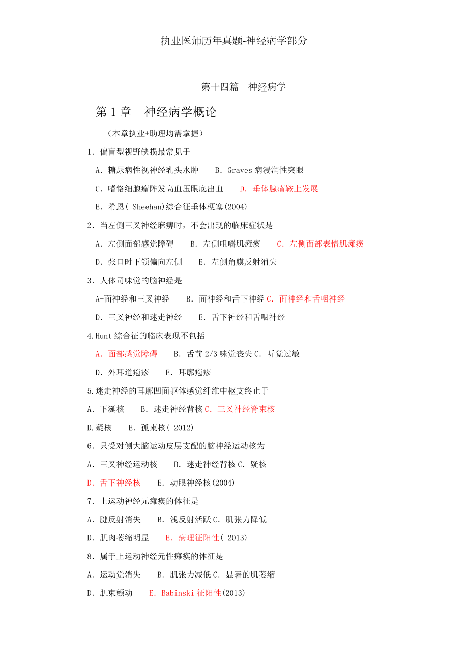 执业医师历年真题-神经病学部分.docx_第1页