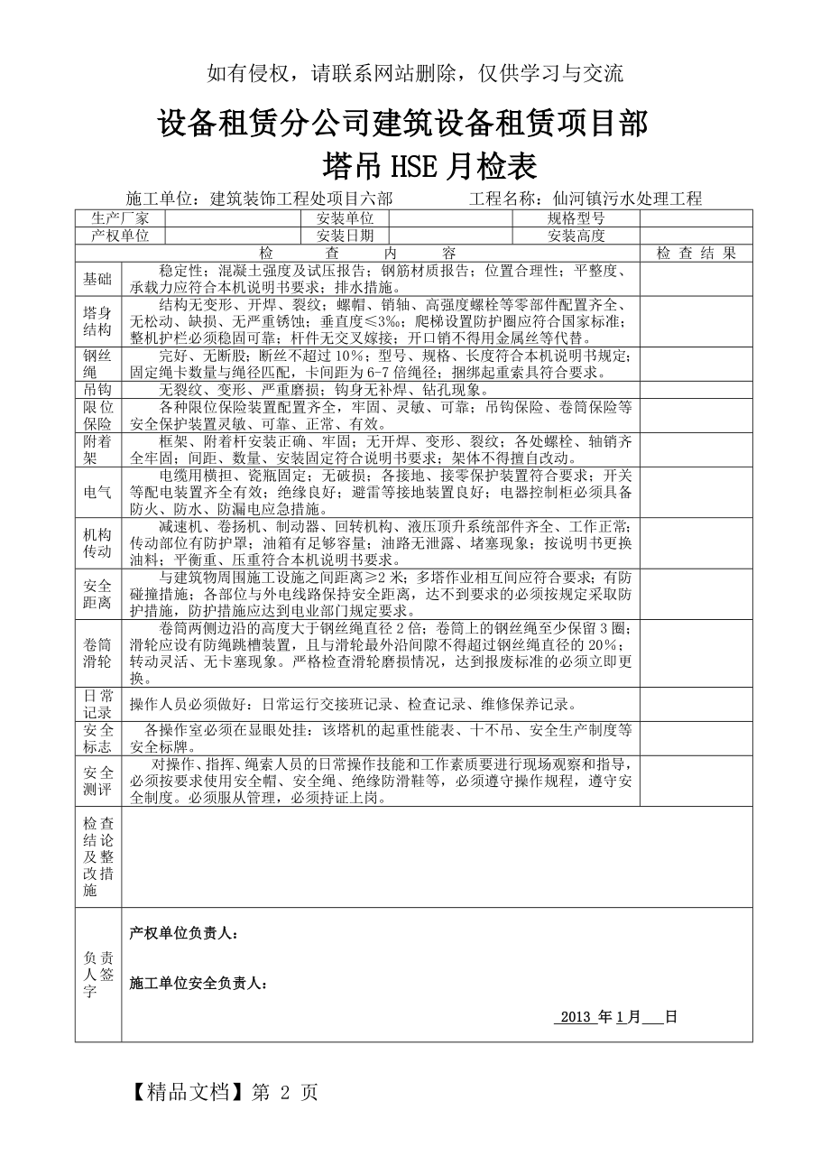 设备租赁分公司建筑设备租赁项目部塔吊HSE月检检查表.doc_第2页