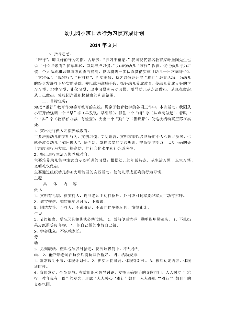 幼儿园小班日常行为习惯养成计划.doc_第1页