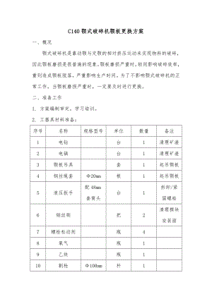 C140颚式破碎机颚板更换方案.doc