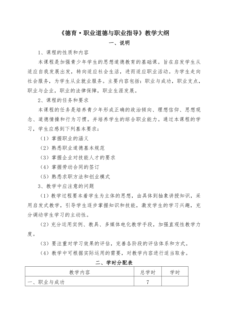 德育职业道德与职业指导课程教学大纲.doc_第1页