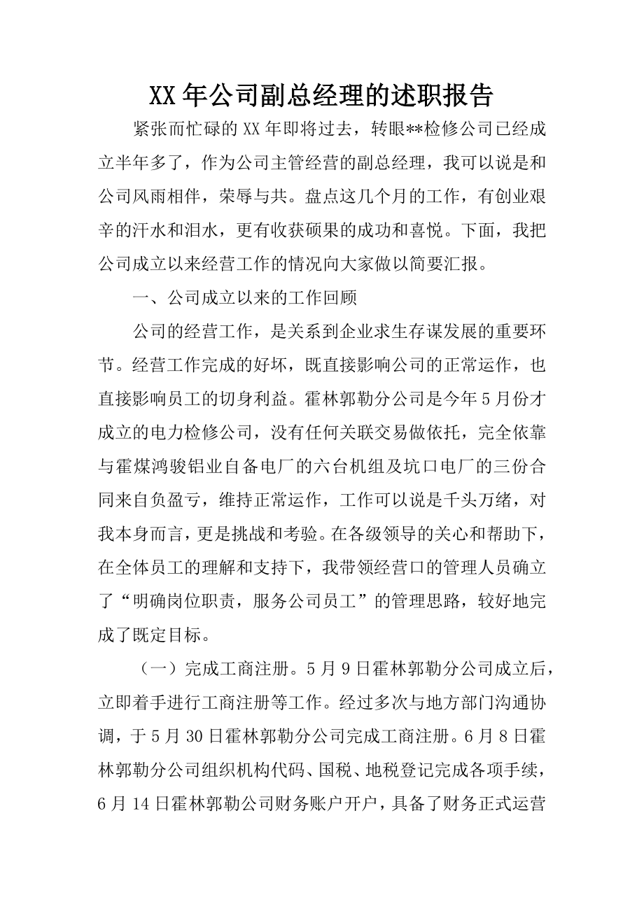 XX年公司副总经理的述职报告.docx_第1页