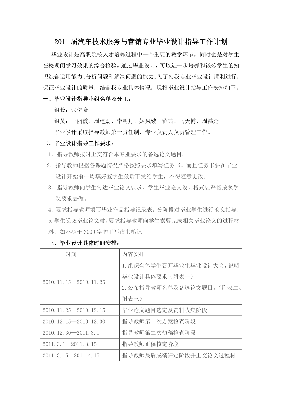 2011届汽车技术服务与营销专业毕业设计指导工作计划.doc_第1页