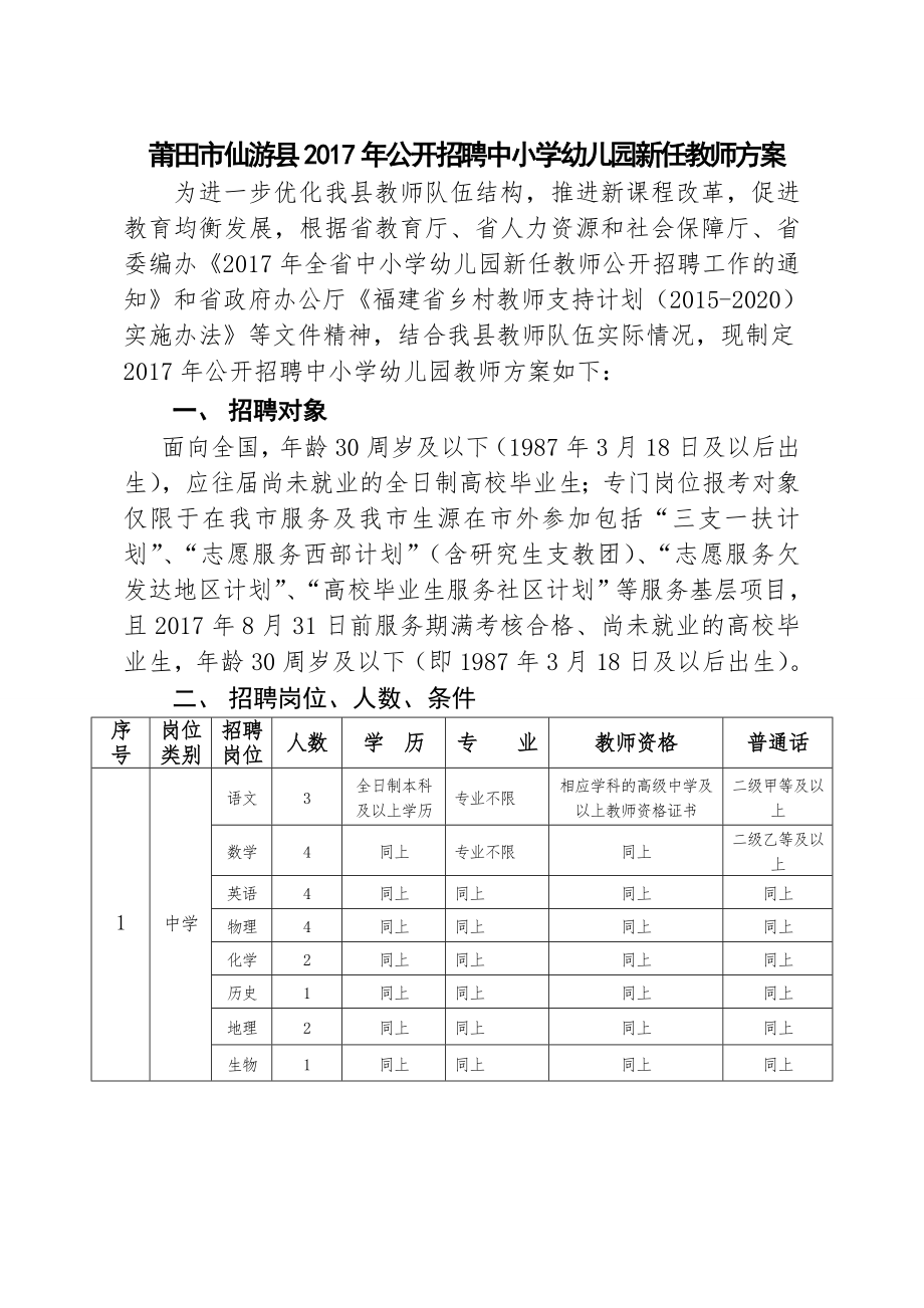 2017年莆田市仙游县公开招聘中小学幼儿园新任教师方案.doc_第1页