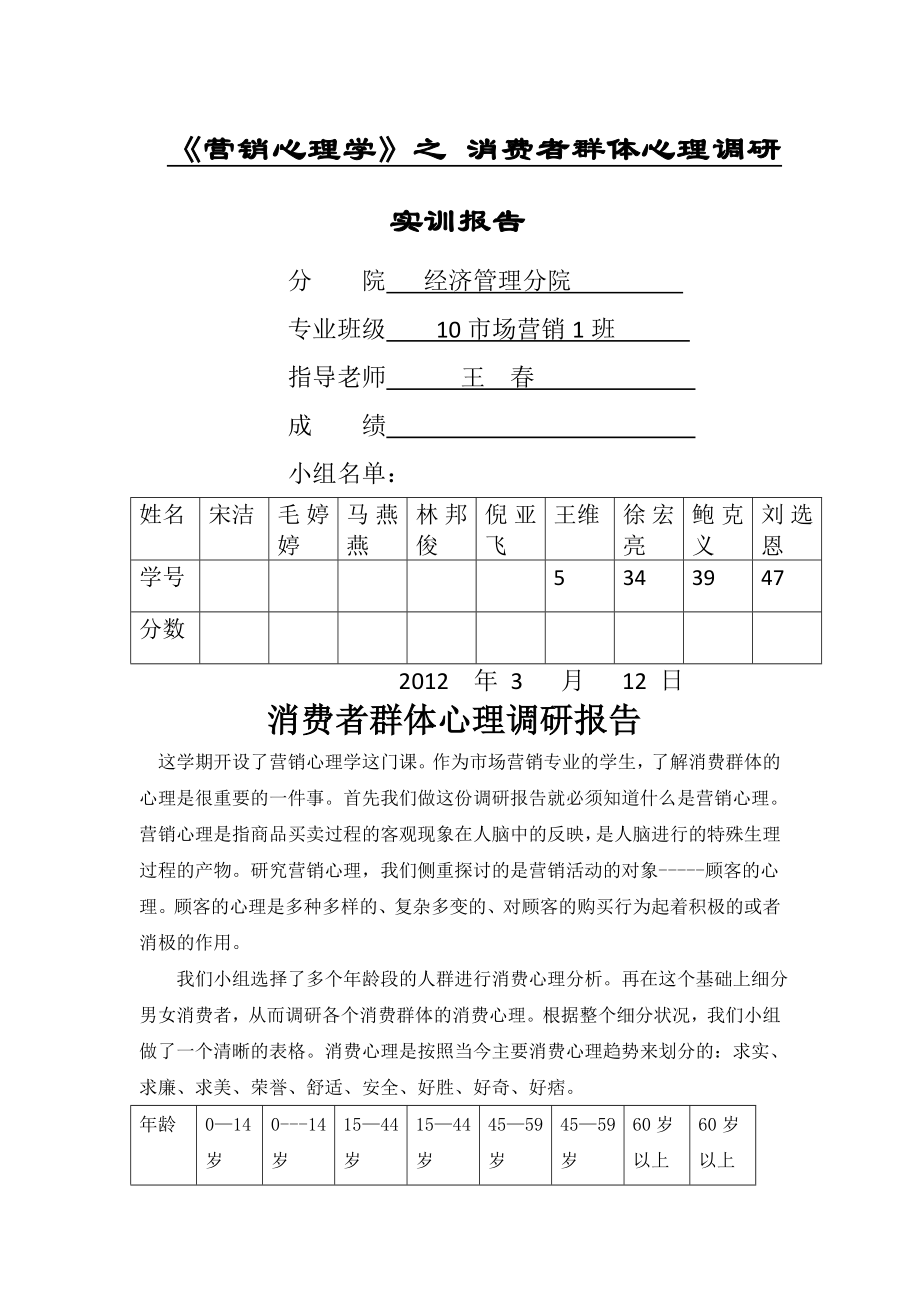 《营销心理学》之-消费者群体心理调研---实训报告1.doc_第1页