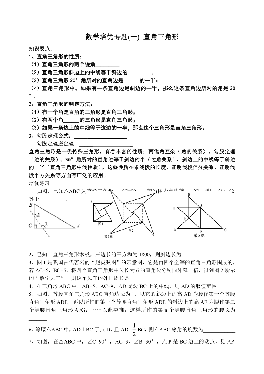 八年级数学培优专题(一)-直角三角形.doc_第1页