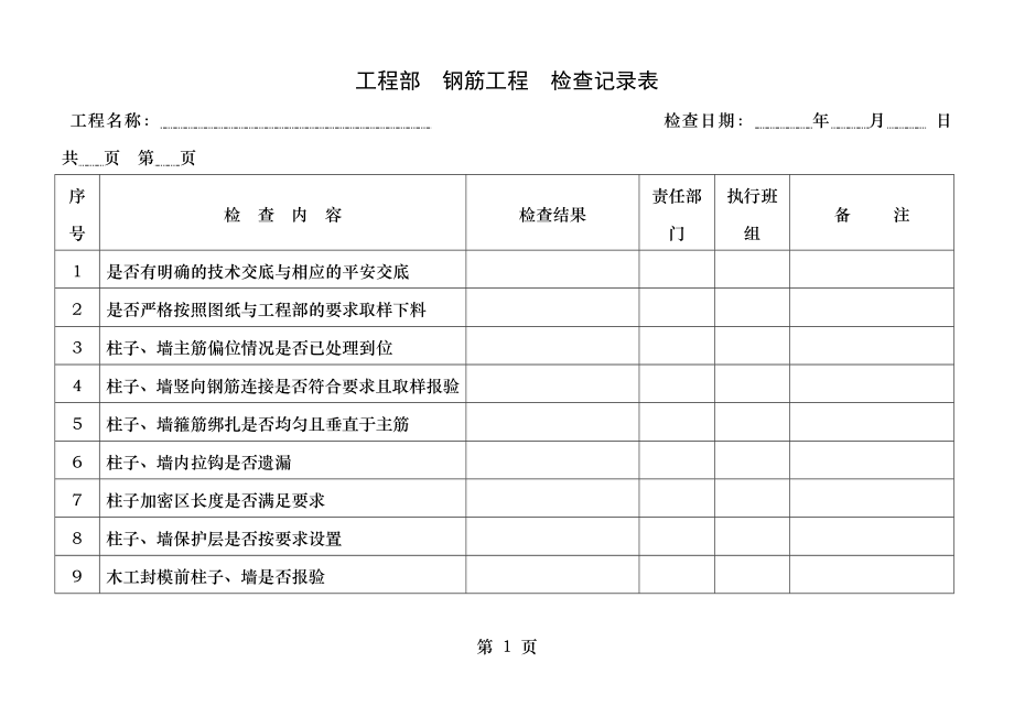 检查表钢筋工程.doc_第1页