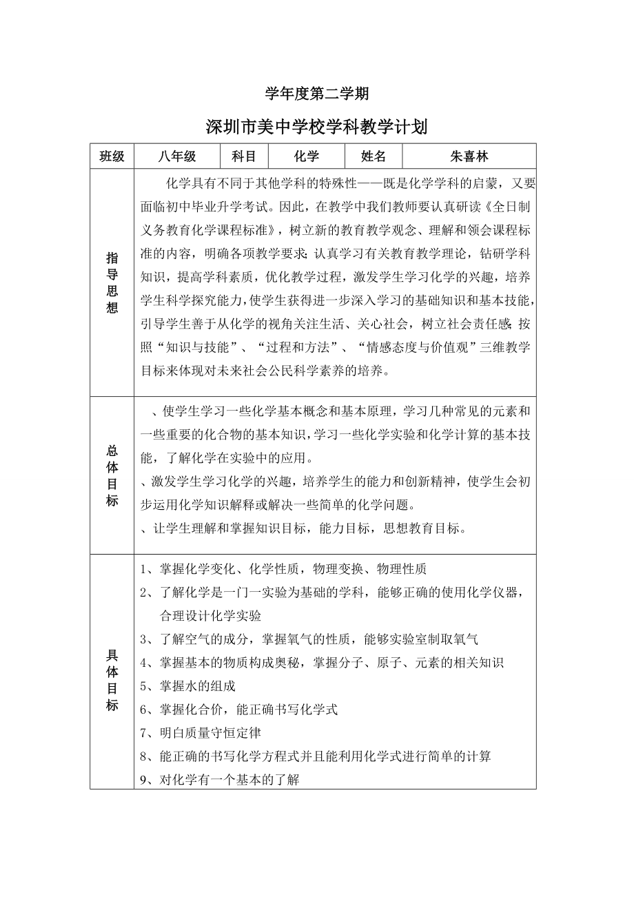 2014215学年第二学期化学学科教学工作计划.doc_第1页