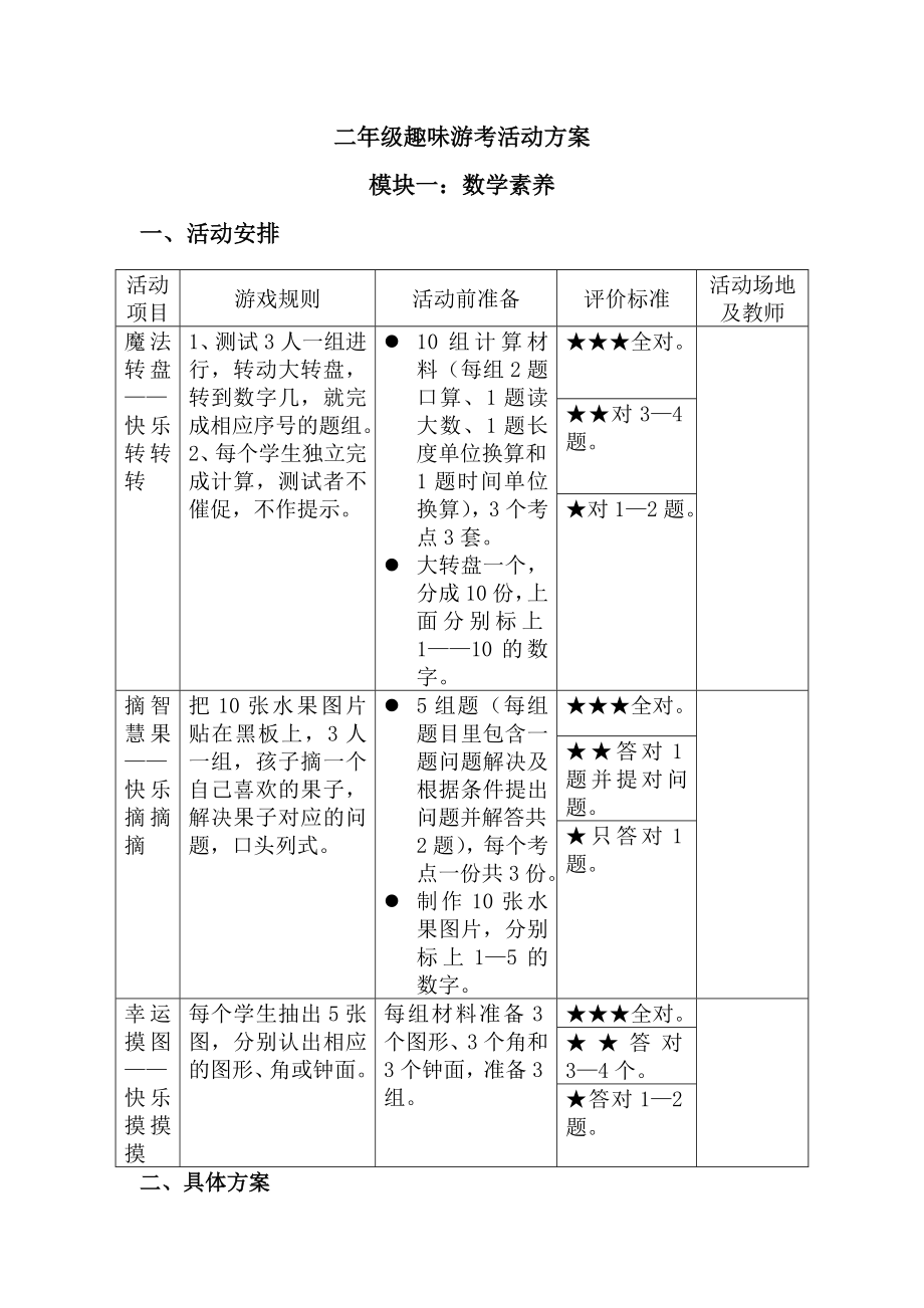 新人教版二年级数学期末趣味游考活动方案.doc_第1页