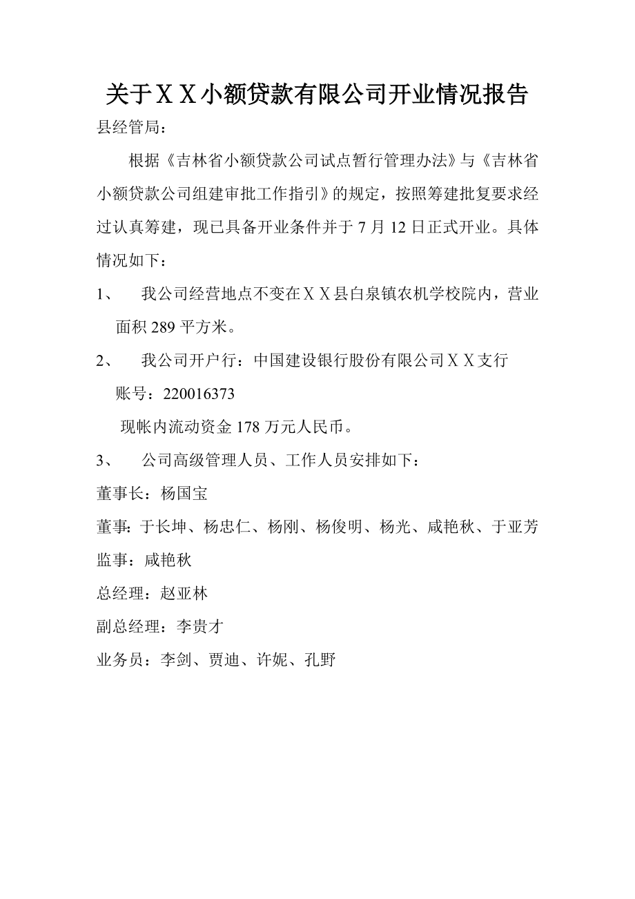 小额贷款有限公司开业情况报告.doc_第1页