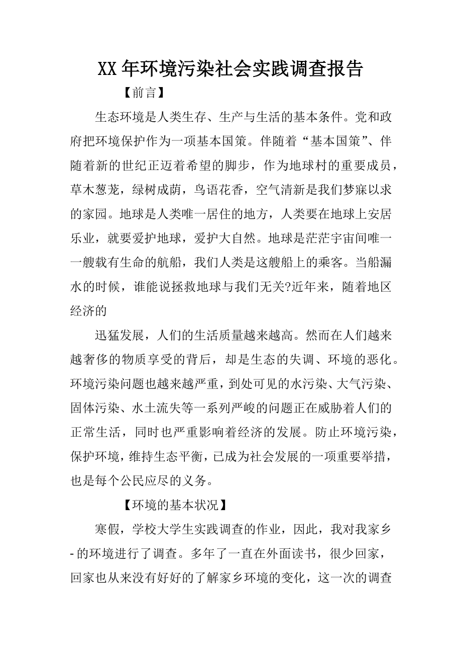 XX年环境污染社会实践调查报告.docx_第1页