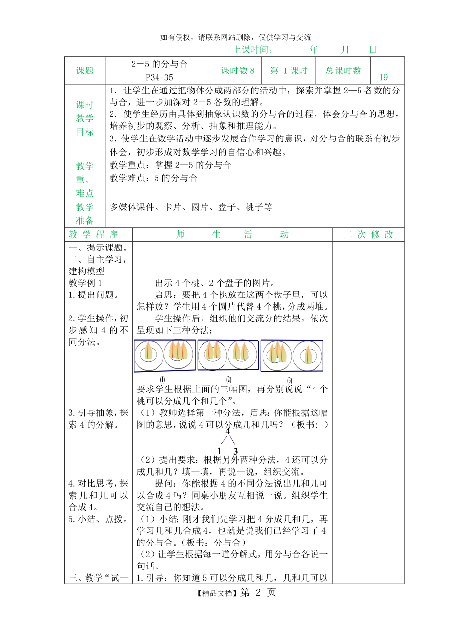 最新苏教版一年级数学上册《分与合》教案.doc_第2页