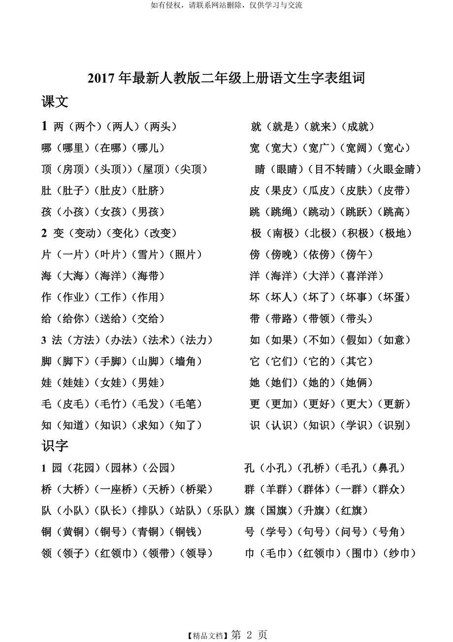 最新2017人教版二年级上册语文生字表组词92434.doc_第2页