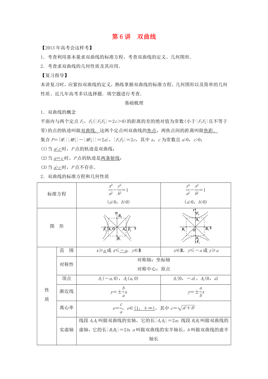 【创新方案】2013年高考数学一轮复习-第九篇-解析几何-第6讲-双曲线教案-理-新人教版.doc_第1页