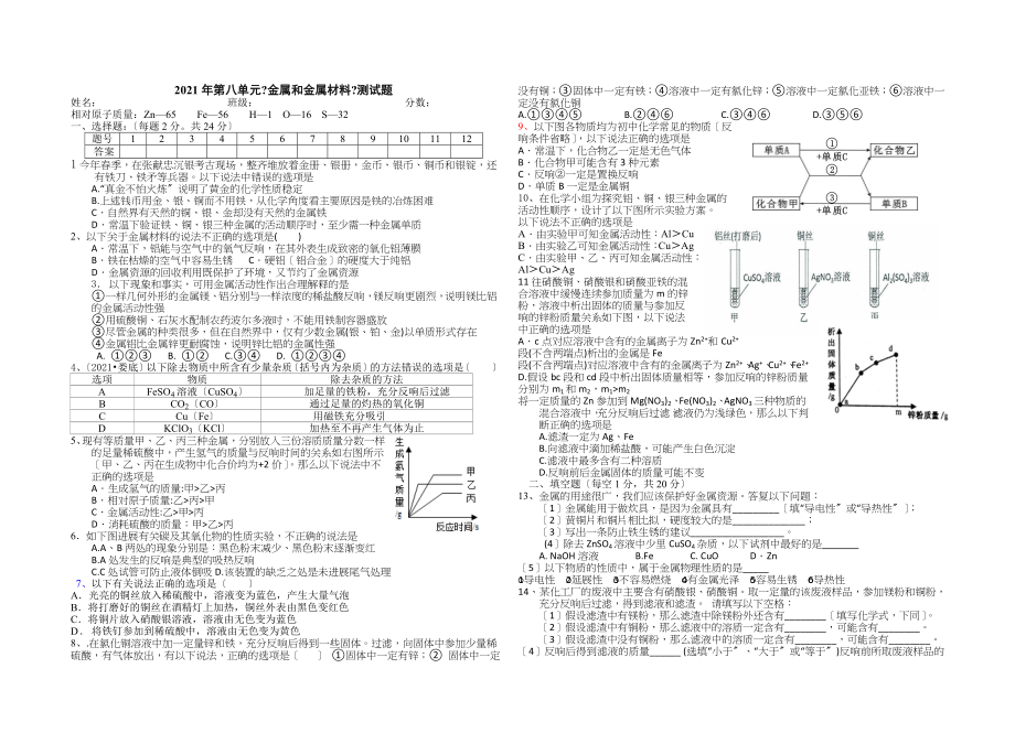 2018年第八单元金属和金属材料测试题.doc_第1页