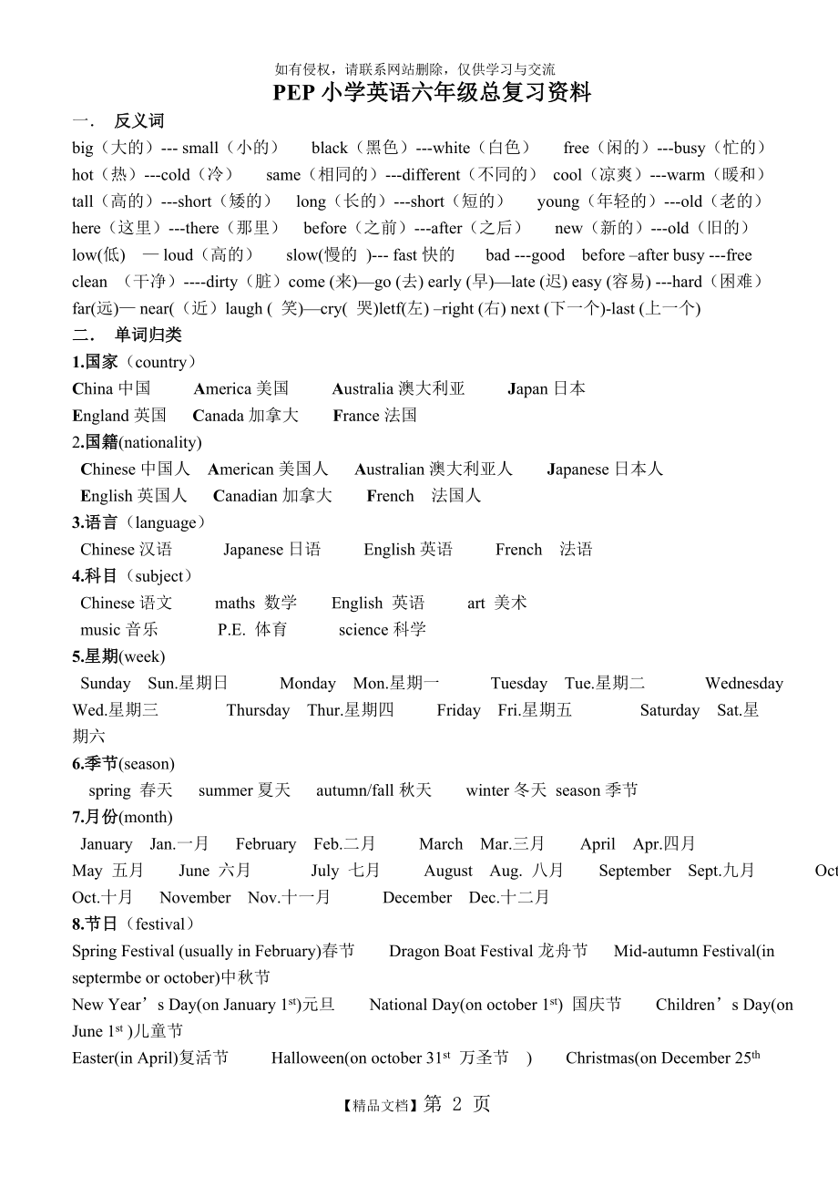 最新精品PEP小学英语六年级下册总复习资料.doc_第2页