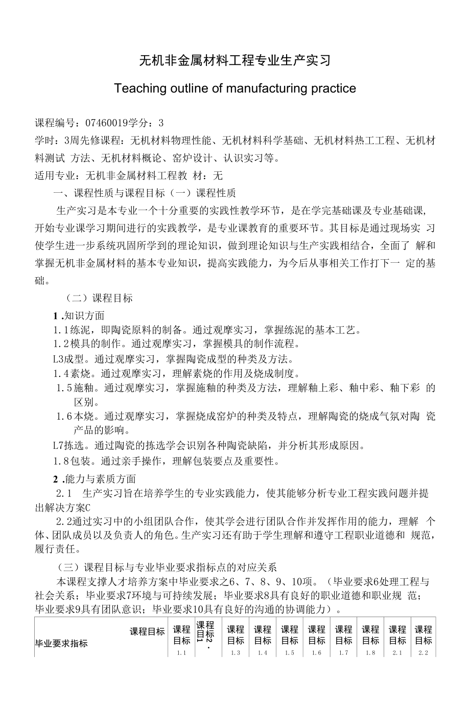 《无机非金属材料工程专业生产实习》课程教学大纲（本科）.docx_第1页