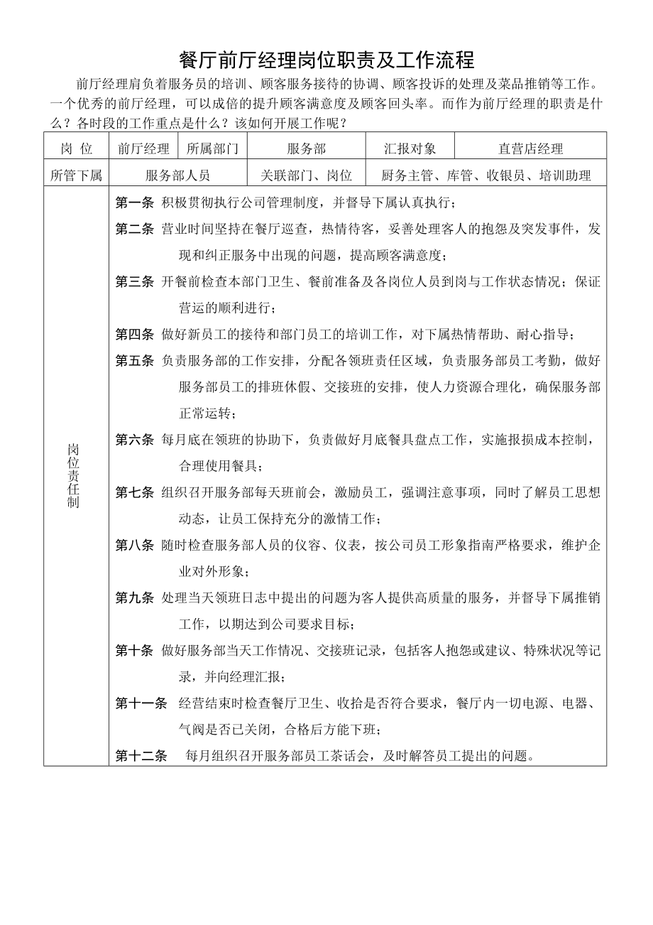 优质餐厅前厅经理岗位职责及工作流程.docx_第1页