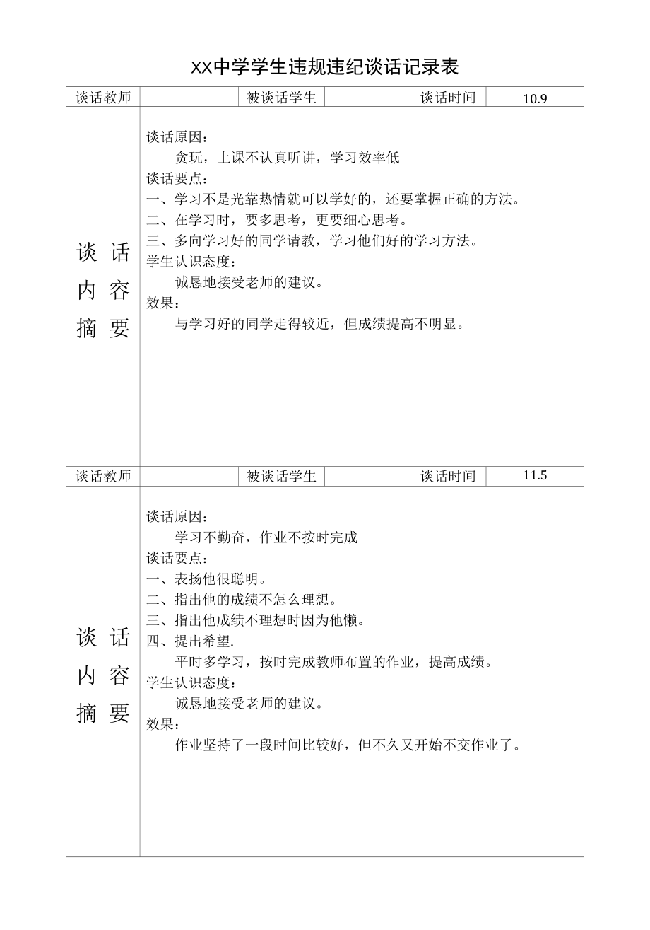 学生违规违纪谈话记录表.docx_第1页