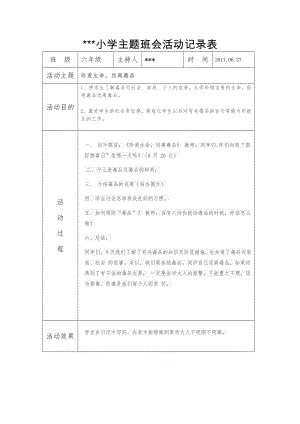 珍爱生命-远离毒品主题班会活动记录表.doc