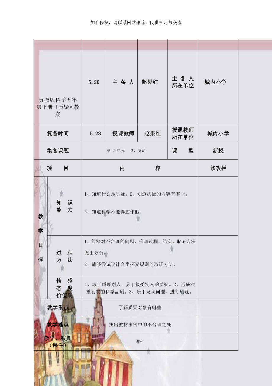 苏教版科学五年级下册《质疑》教案.doc_第1页