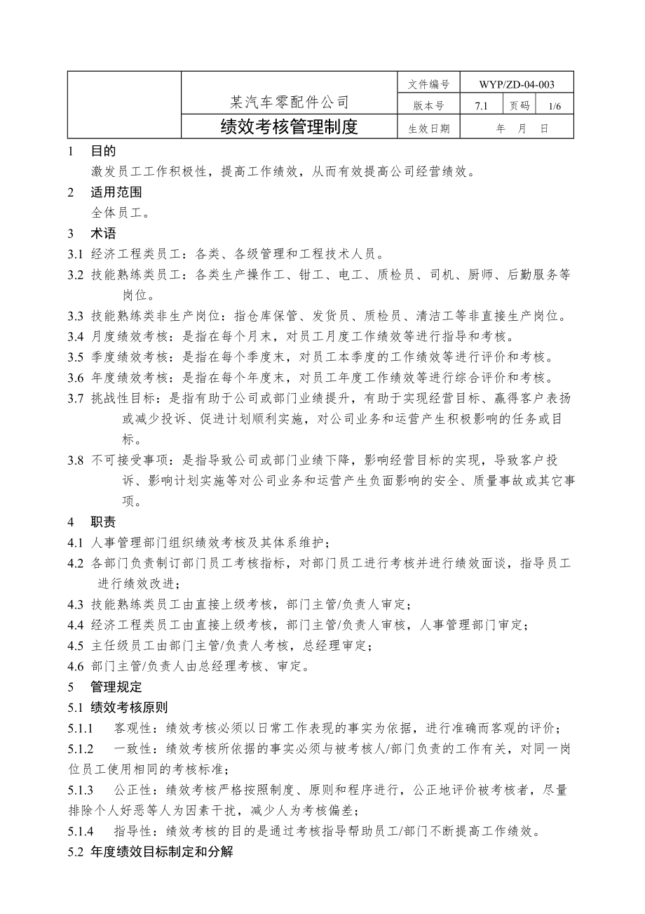 绩效考核管理制度-某汽车零配件公司.docx_第1页