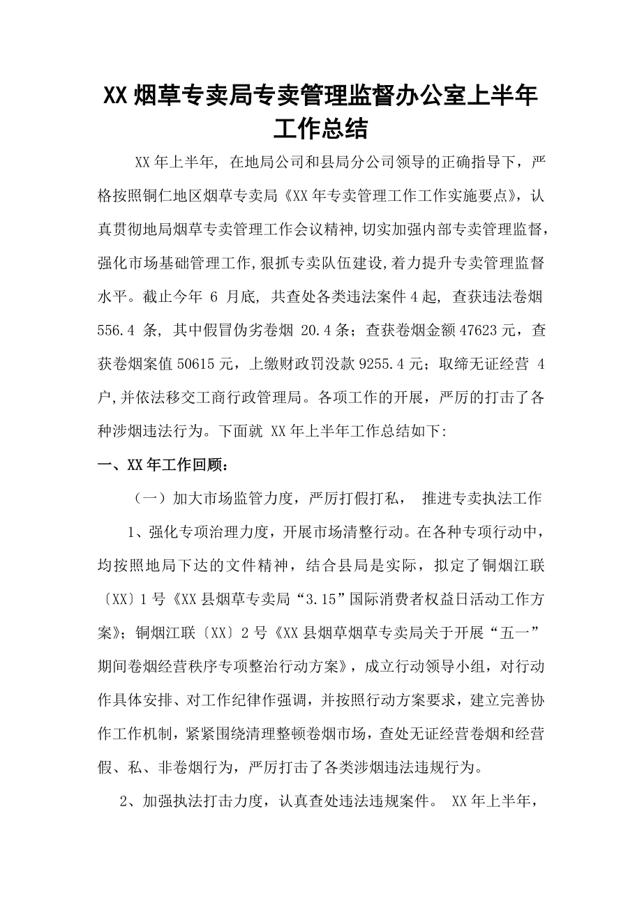 烟草专卖专卖管理监督办公室上半年工作总结.doc_第1页